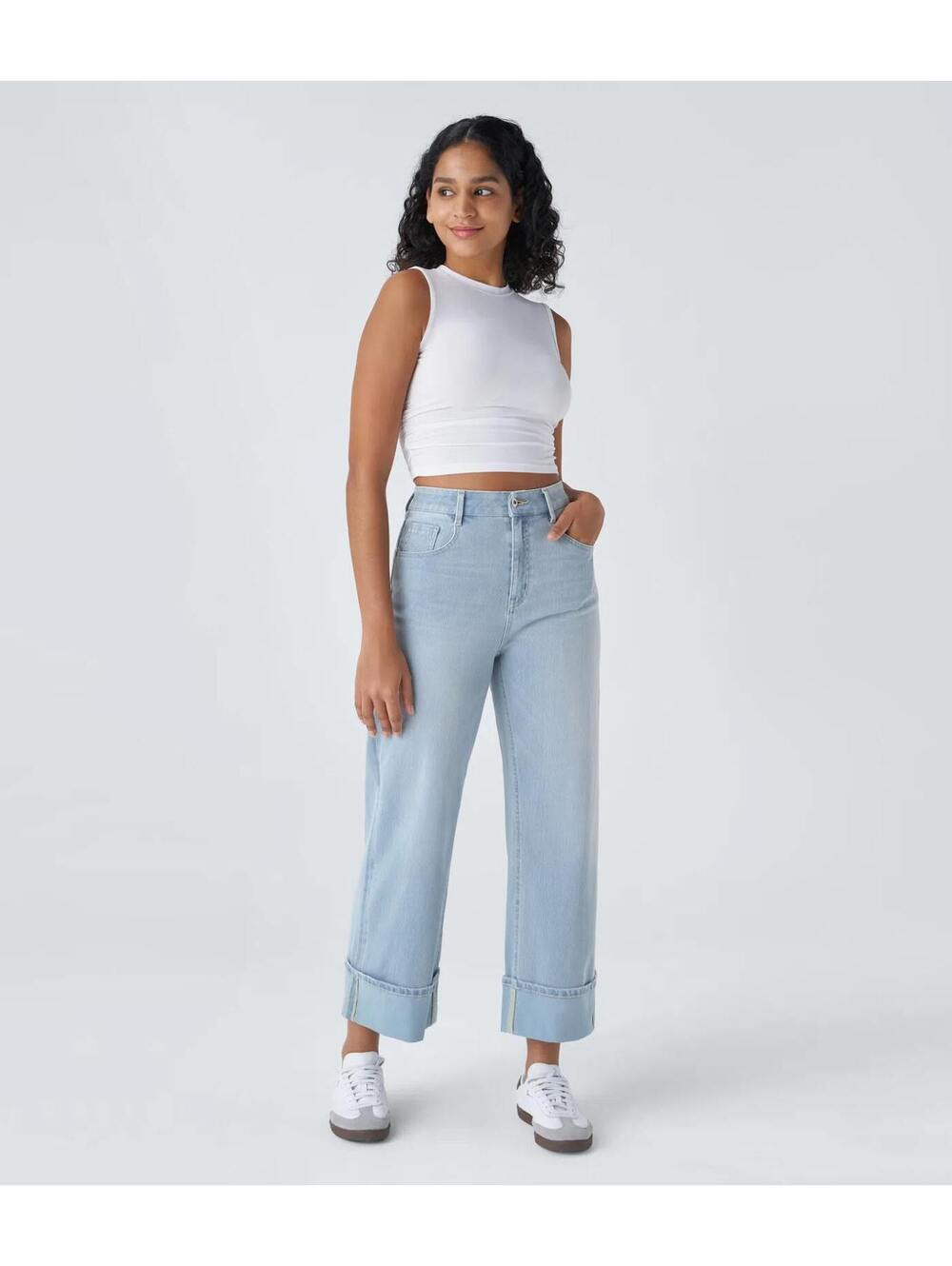 HALARA High Waisted Rolled Hem Wide Leg Washed Casual Jeans Size [XS Reg]